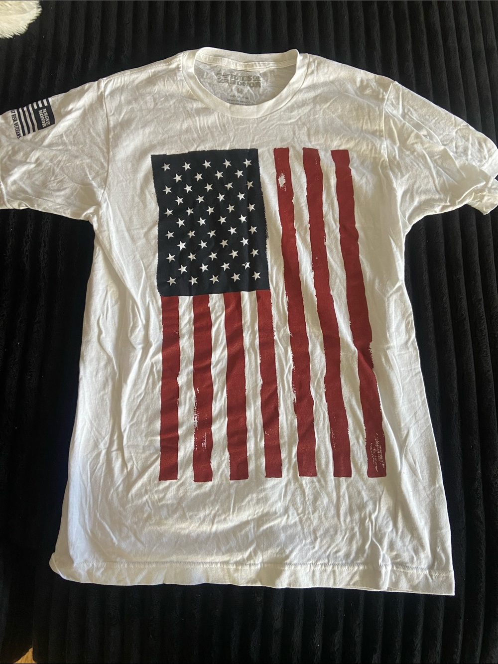 White Short Sleeve Tee with American Flag Graphic